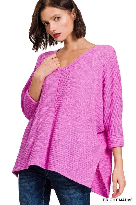 3/4 Sleeve V-Neck Hi-Low Hem Light Sweater - undefined - Dream Life Boutique
