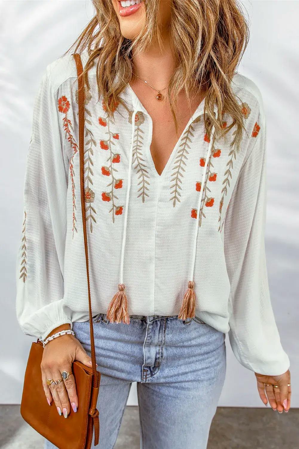 Embroidered Tassel Blouse - undefined - Dream Life Boutique