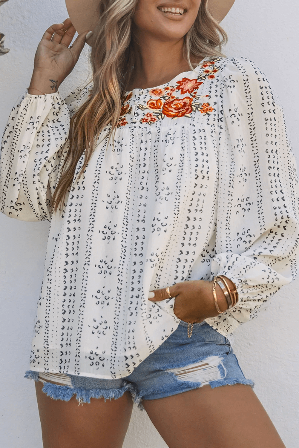 Embroidered Balloon Sleeve Blouse - undefined - Dream Life Boutique
