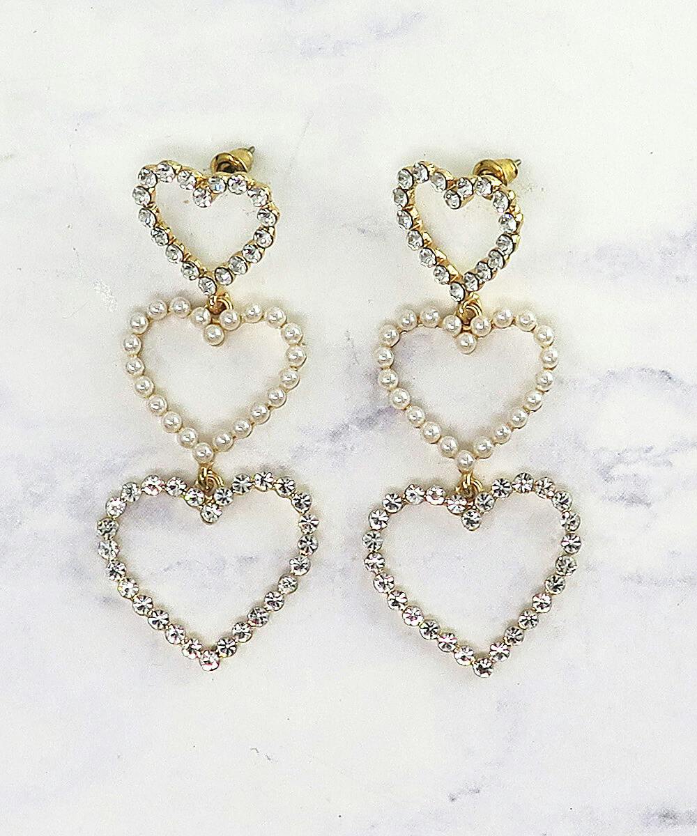 Pearl and Crystal Triple Heart Dangle Earrings - undefined - Ever So Clutch