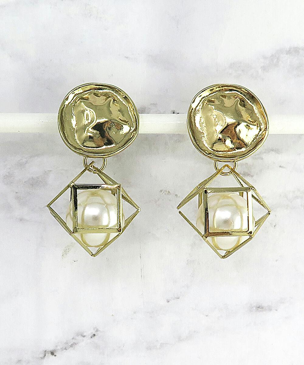 Gold Caged Pearl Statement Drop Earrings - undefined - Ever So Clutch