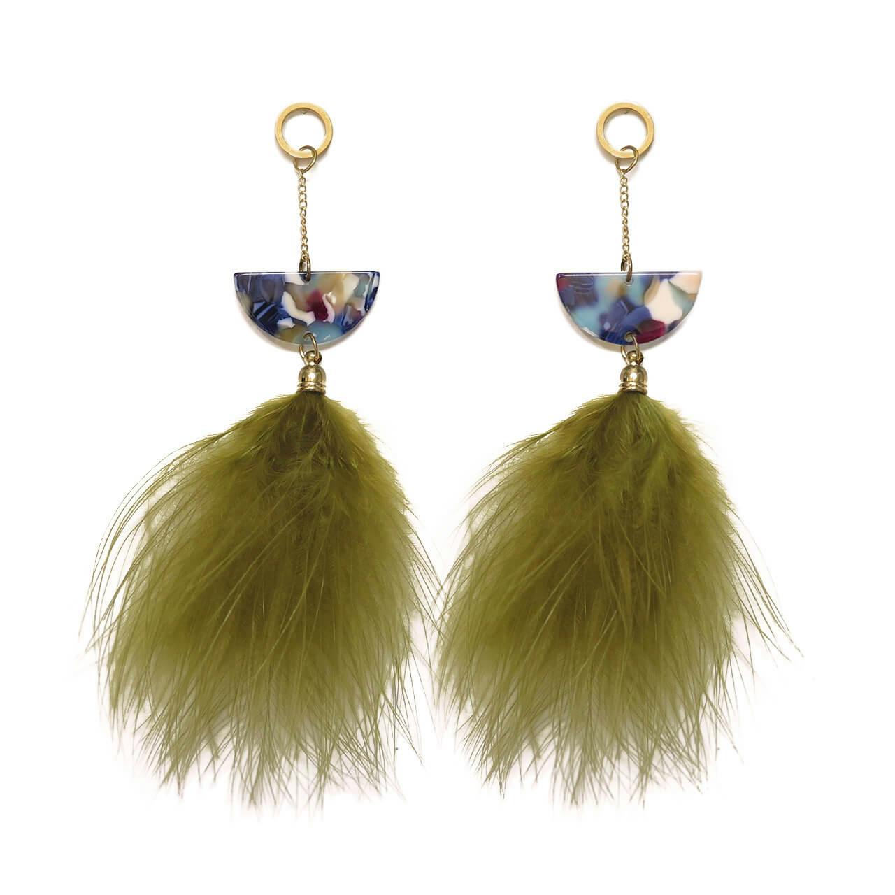 Lucite And Green Feather Dangle Earrings - undefined - Ever So Clutch
