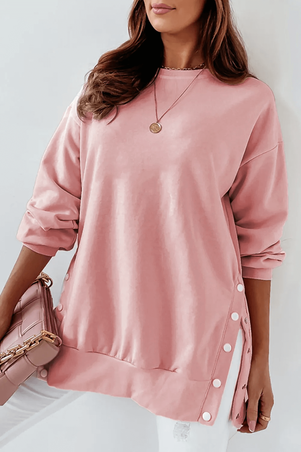 Buttoned Side Slit Sweatshirt - undefined - Dream Life Boutique