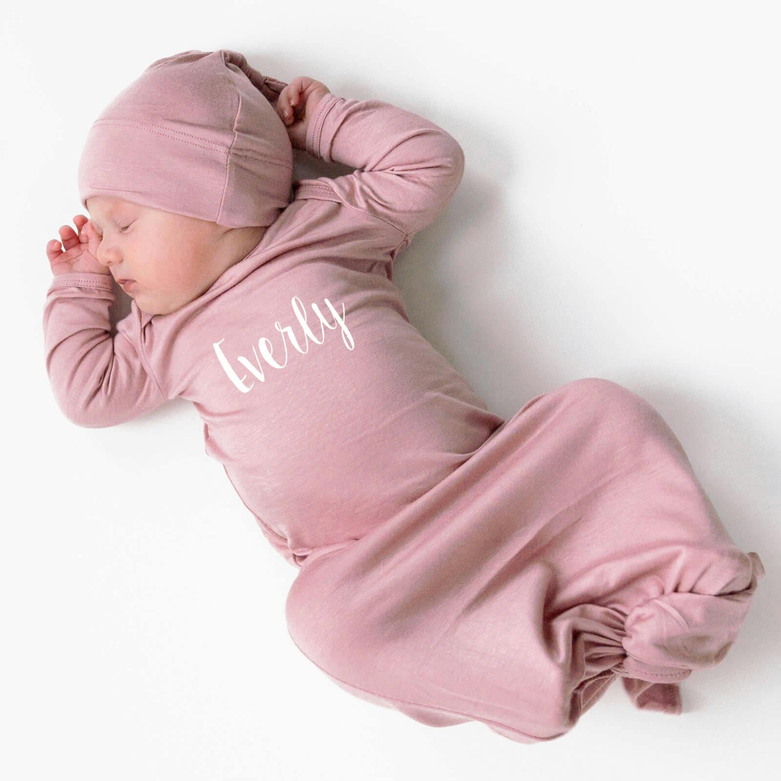 Personalized Silky Knotted Baby Gown with Knotted Hat - undefined - Rocket Bug