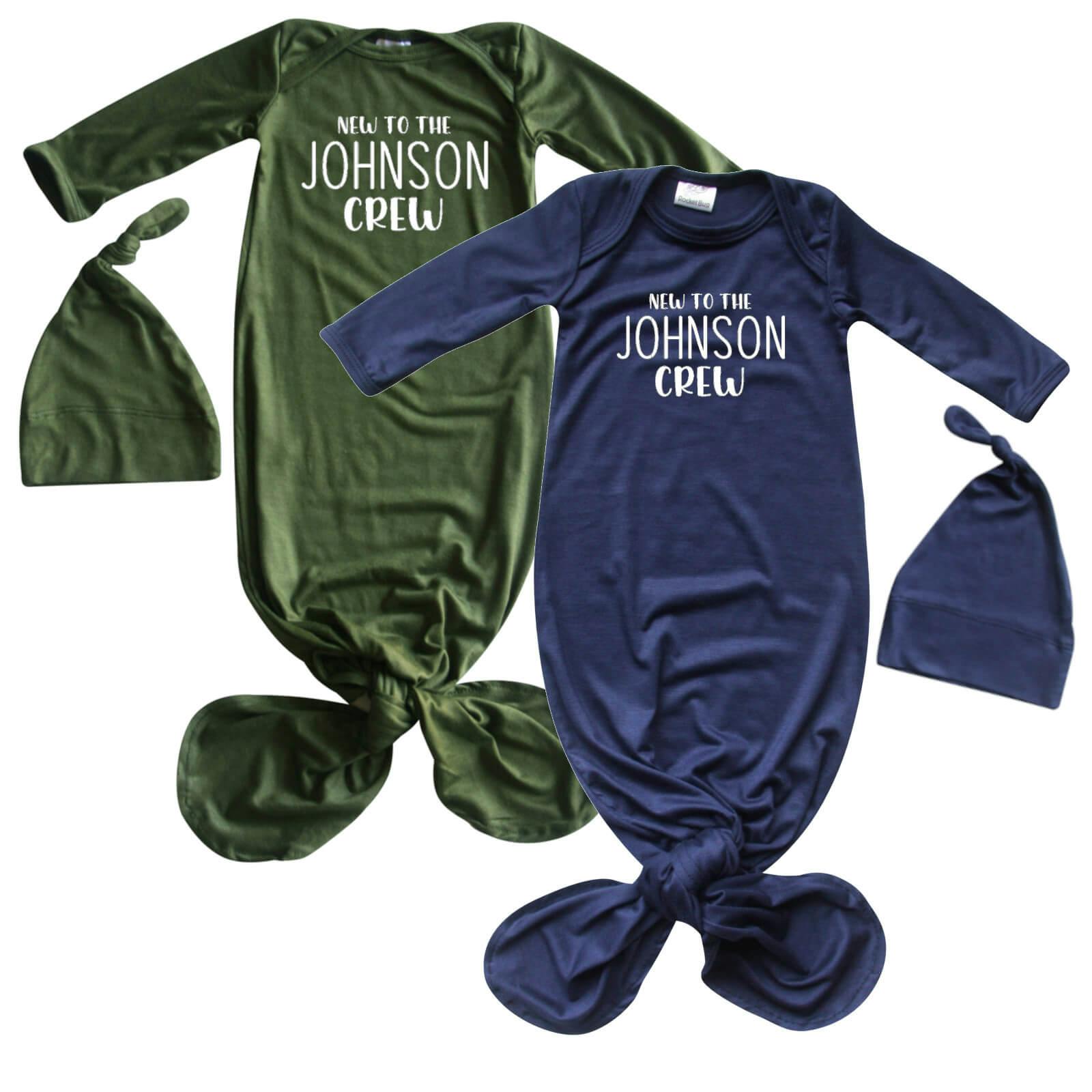 Personalized New to the Crew Silky Baby Gown with Matching Knotted Hat - undefined - Rocket Bug