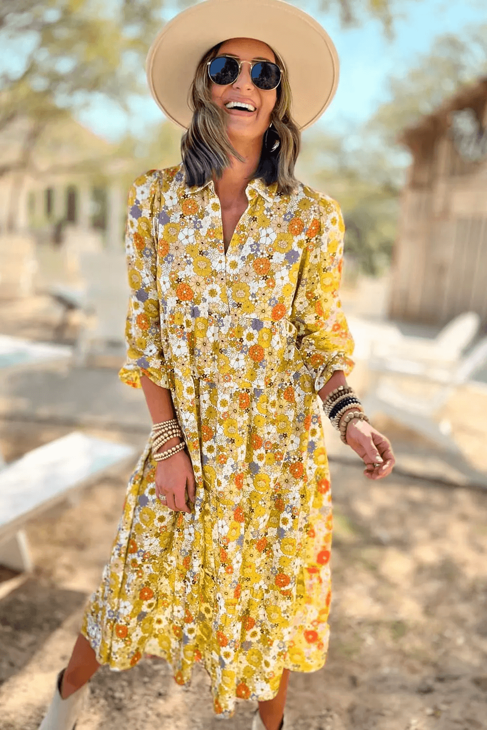 Boho Floral Collared Long Sleeve Ruffled Dress - undefined - Dream Life Boutique