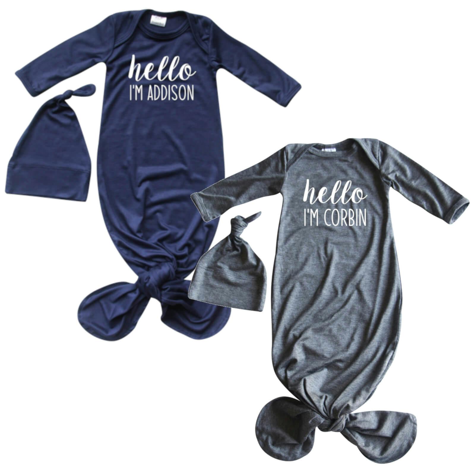 Personalized Hello I'm (Name) Knotted Gown with Matching Hat - undefined - Rocket Bug